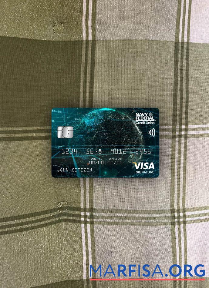 Realistic USA Navy Federal Union bank visa signature card photolook front real example